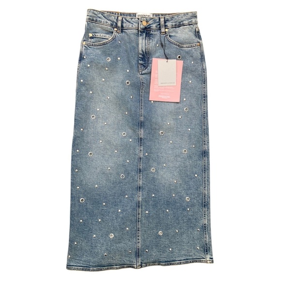 Essentiel Antwerp Blue Eyelet Denim Skirt NWT Grommet Detailing Women’s Size 8 - Picture 7 of 16